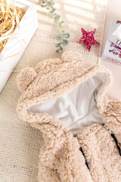 Kapüşonlu Ayıcık Figürlü Welsoft Peluş Kışlık Kız/Erkek Bebek Tulum BEJ -  0-3 AY